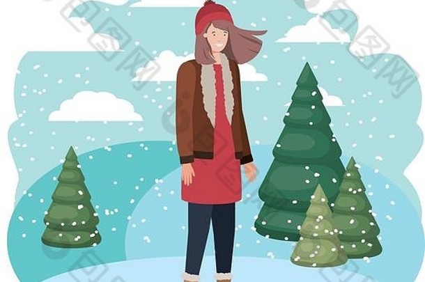 年轻的女人冬天衣服冬天松树化身字符