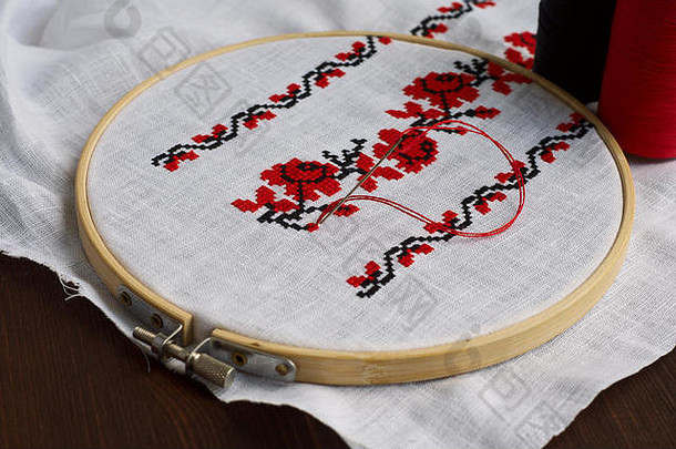 片段织物传统的手工制作的木交叉针刺绣框架花点缀