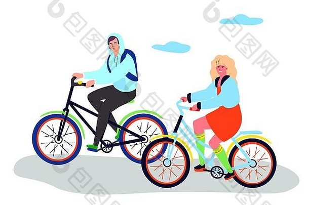 男孩女孩骑自行车平设计风格色彩斑斓的插图