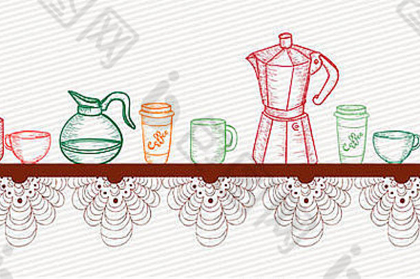 彩色手绘咖啡厅套装。此插图分层，便于操作和定制色彩