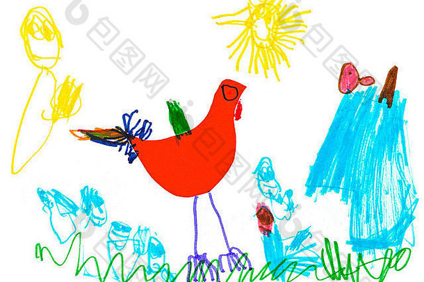 蔡尔兹画红色的鸡家禽院子里