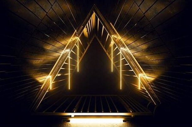 橙色发光的现代未来主义的霓虹灯领导灯激光三角形金属结构隧道走廊外星人宇宙飞船黑暗空空间网络renderin