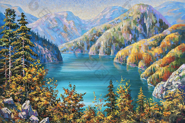风景如画的湖里察晚些时候秋天共和国阿布哈兹石油绘画帆布作者尼科sivenkov