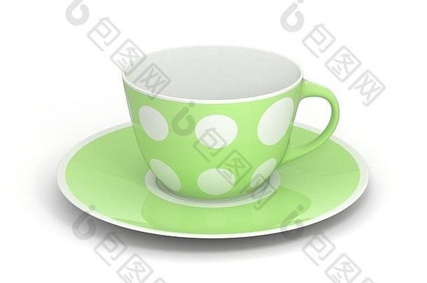 茶碟上的孤立空古典瓷白茶杯，白色背景上有简单的绿案。模拟餐具。三维插图。