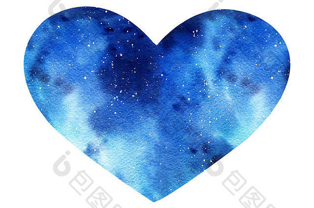 手绘水彩画银河系插图，在白色背景上形成一颗孤立的心。情人节礼物中的孤立物品