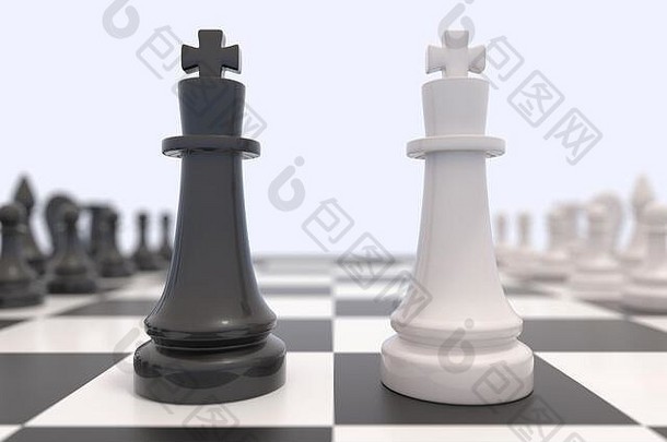棋盘3D插图上的两个棋子