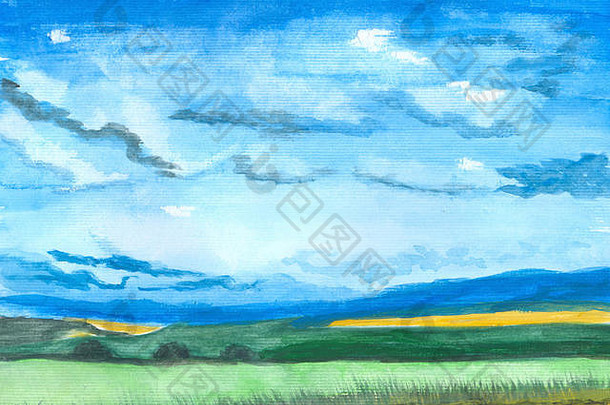 水彩农村景观美丽的绿色场蓝色的天空夏天村农场野生场植物草本植物花绿色山丘草