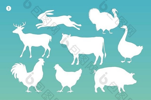 动物轮廓集白色轮廓动物