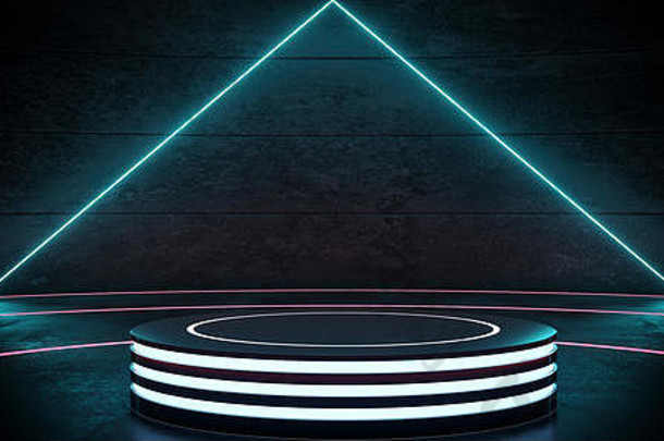 sci现代科技空讲台上更轻的轮圆阶段黑暗反光房间霓虹灯发光的蓝色的三角形行产品展示渲染