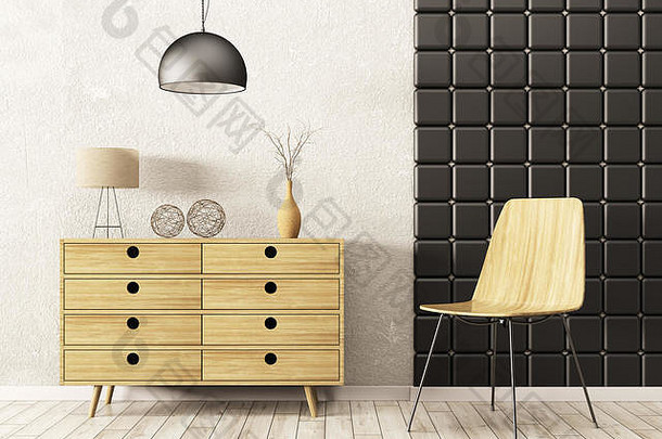 客厅的现代室内，木质橱柜和椅子3d渲染