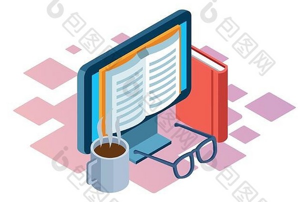咖啡杯子书电脑书屏幕色彩斑斓的设计
