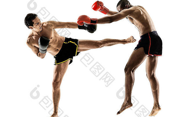 高加索人泰拳泰国跆拳道自由搏击选手泰国拳击但孤立的白色背景