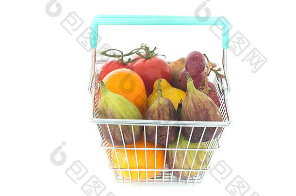 白色背景下的水果和蔬菜购物/概念健康，营养支持饮食