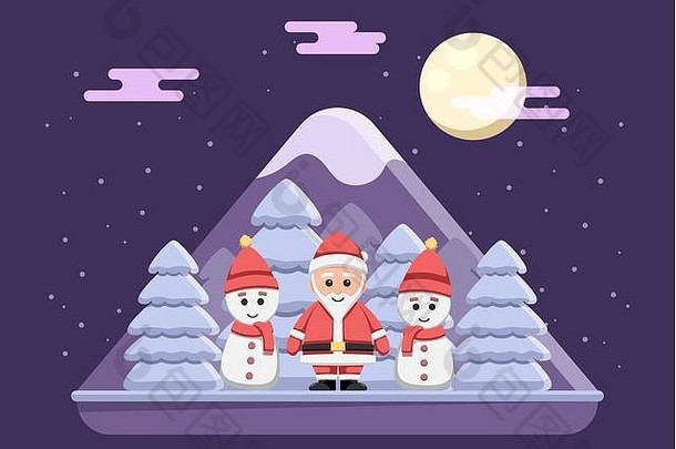 雪夜里站着雪人的圣诞老人。圣诞快乐贺卡背景。