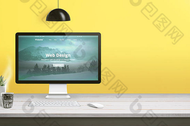 网页设计工作室工作台，配有电脑显示器、键盘、鼠标、植物和咖啡杯。黄色墙上的空白处。