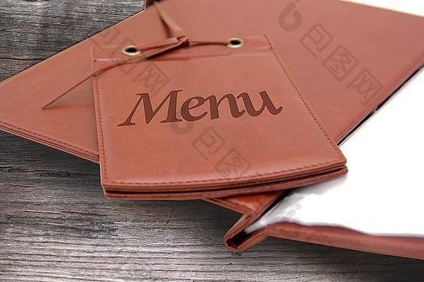 棕色（的）皮革<strong>菜单</strong>餐厅咖啡馆木背景