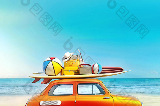 小型复古车，车顶装有行李、行李和海滩设备，包装齐全，可供暑假使用，是一种与家人和家人一起进行公路旅行的概念