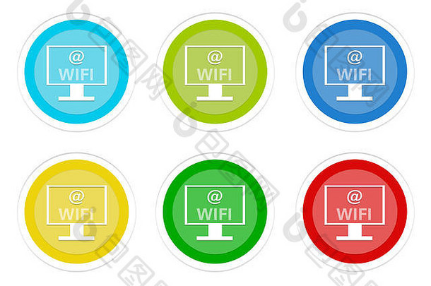 一组圆形彩色按钮，带有电脑显示屏和蓝色、绿色、黄色、青色和红色的wifi符号