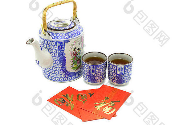 中国人繁荣茶集红色的包茶仪式白色背景