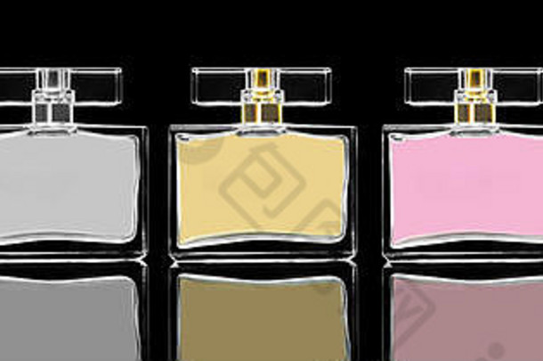 不同颜色优雅的香水瓶，黑色背景
