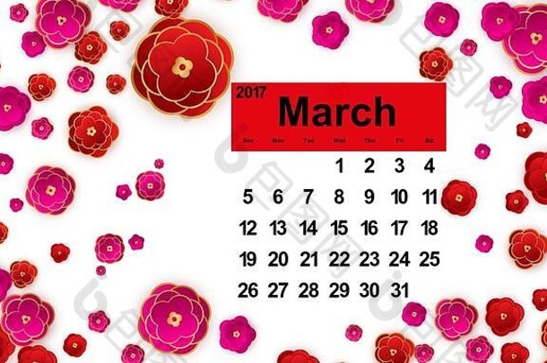 3月日历春天横幅花插图桌面时间表经理概念时尚的背景开花平图形摘要图标浪漫的