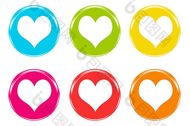 一组心形图标，颜色有蓝色、绿色、黄色、粉色、红色和橙色