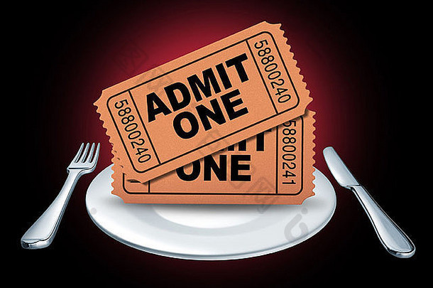 晚餐剧院象征代表电影票娱乐事件显示白色板叉刀代表晚上吃享受电影