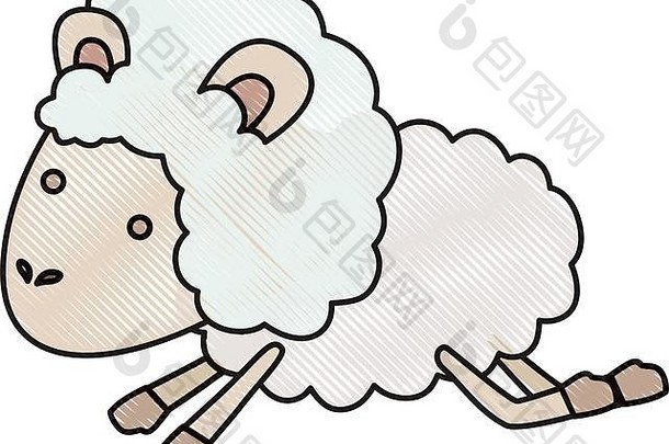 羊动物跳颜色蜡笔轮廓白色背景