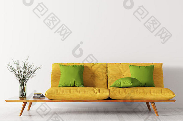 客厅的现代室内有黄色沙发和绿色靠垫，花瓶有花枝3d渲染