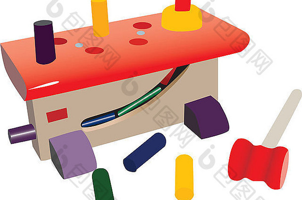 小型玩具车间，配有塑料工具、钉子和锤子。五颜六色的玩具。