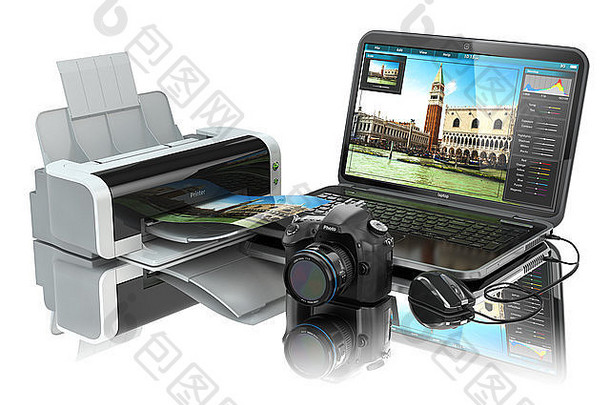 笔记本电脑、照相/摄像机和打印机。准备要打印的图像。三维