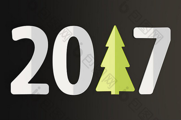2017年圣诞节和新年概念，在黑色背景上隔离3D渲染