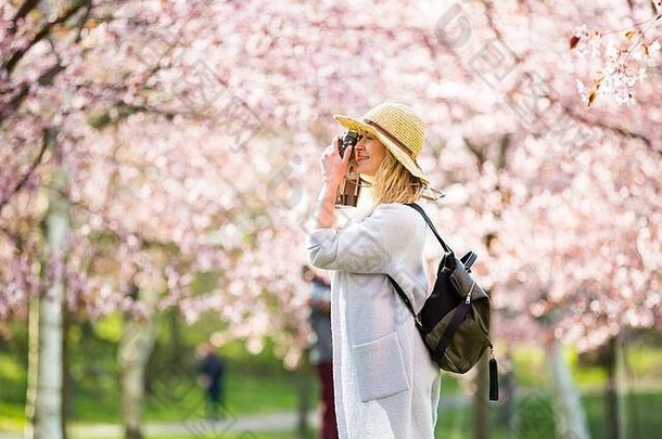 肖像美丽的女人稻草他旅行美丽的公园樱桃树布鲁姆采取照片复古的相机旅游背包