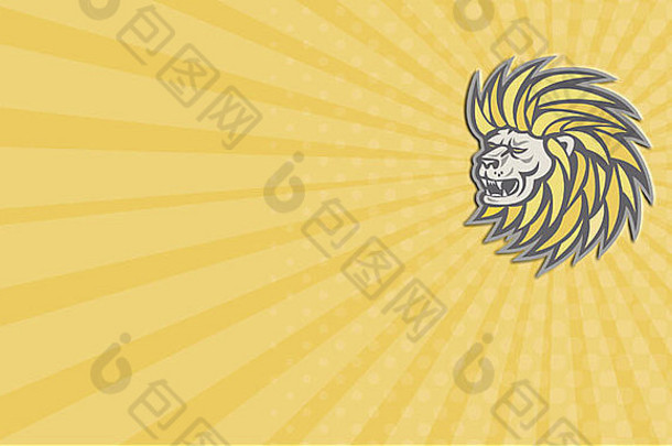 以复古风格制作的名片插图，从隔离背景的侧面观看，图中是一只愤怒的狮子、一只长着流淌鬃毛的大猫头。