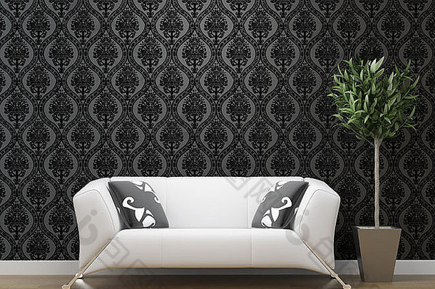 黑白墙纸背景白色沙发的室内设计