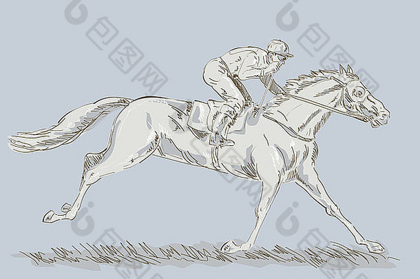 在比赛中获胜的马和骑师的手绘草图和素描