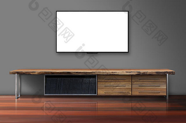 混凝土墙上的Led电视，木质桌子客厅，现代阁楼风格