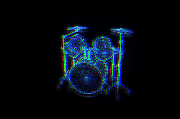 线框全息图风格的3D音乐鼓。漂亮的3D渲染