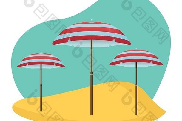 沙滩条纹雨伞在沙滩上张开