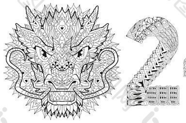 手绘zentangle dragon <strong>2024</strong>号，用于着色、t恤和其他装饰