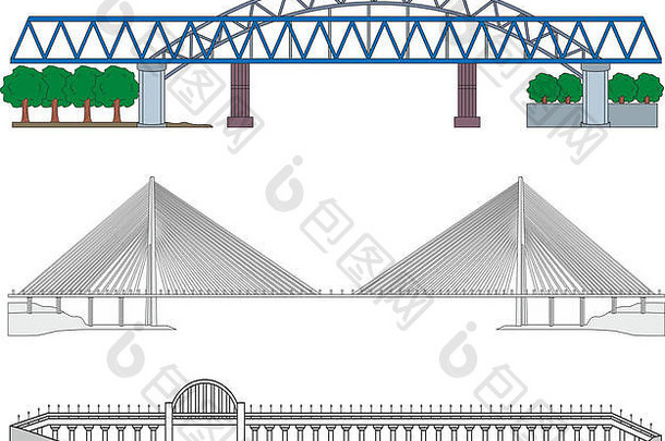 一套三座杂桥——铁路桥、斜拉桥和公路桥