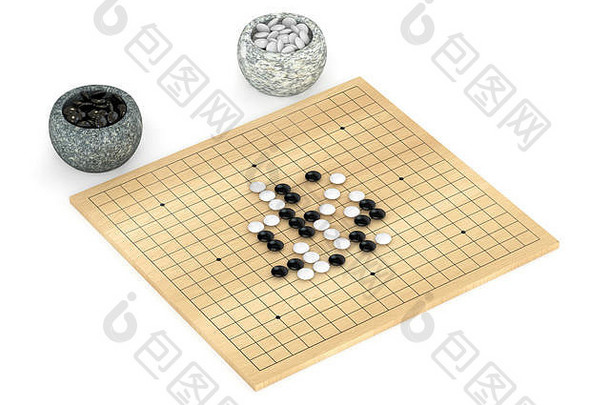 围棋游戏，在白色背景上隔离3D渲染