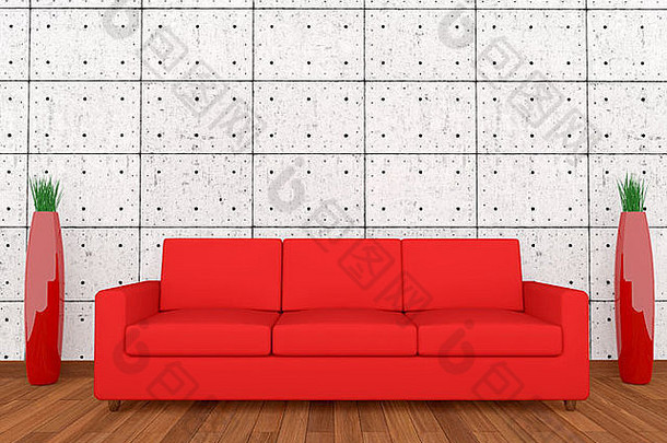 红色沙发和花瓶，带石墙和拼花地板