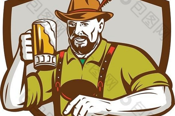 一位<strong>德国</strong>巴伐利亚<strong>啤酒</strong>饮用者举着<strong>啤酒</strong>杯准备<strong>啤酒</strong>节吐司，戴着莱德霍森帽，戴着<strong>德国</strong>帽子，戴在怀旧风格的盾牌架内。