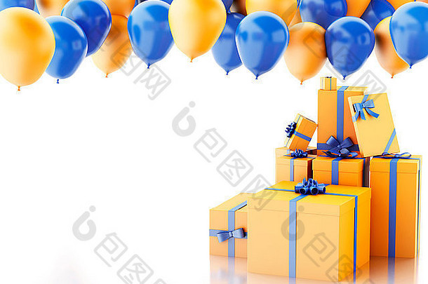渲染器插图生日礼物盒子蓝色的橙色气球孤立的白色背景
