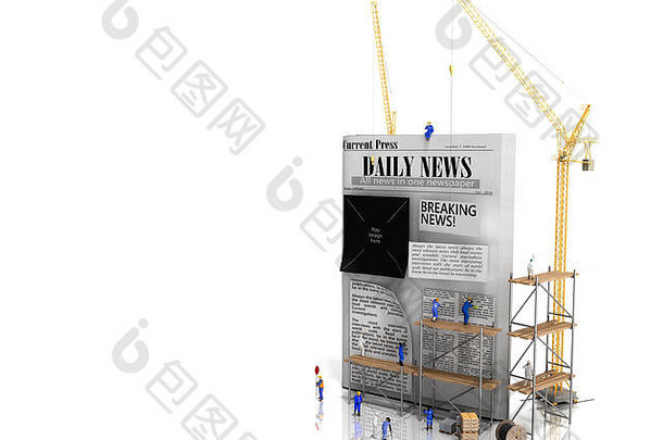 新闻建筑概念建设者将报纸专栏粘贴在空白的报纸版面上3d渲染