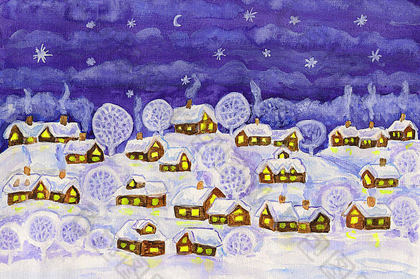 手绘圣诞插图，水彩画，冬天的村庄，夜晚。