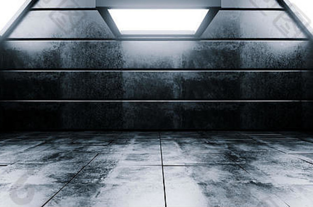 科幻现代动感空旷高对比度Grunge混凝土写实房间带大工作室灯光展示厅舞台背景3D渲染插图