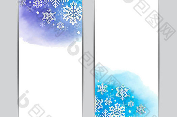 圣诞横幅。蓝色水彩背景上的白色雪花。