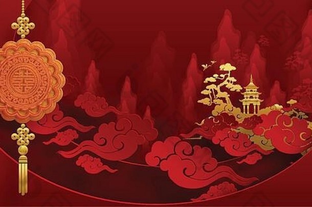 中期秋天节日月亮节日兔子月亮月饼花中国人灯笼黄金纸减少风格颜色背景诠释
